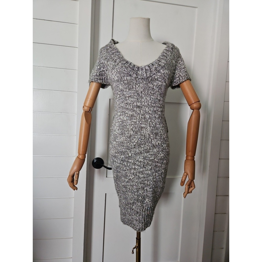 Y2K Body Central Metallic Sweater Dress M Grey Sparkle Clubwear Minimalist